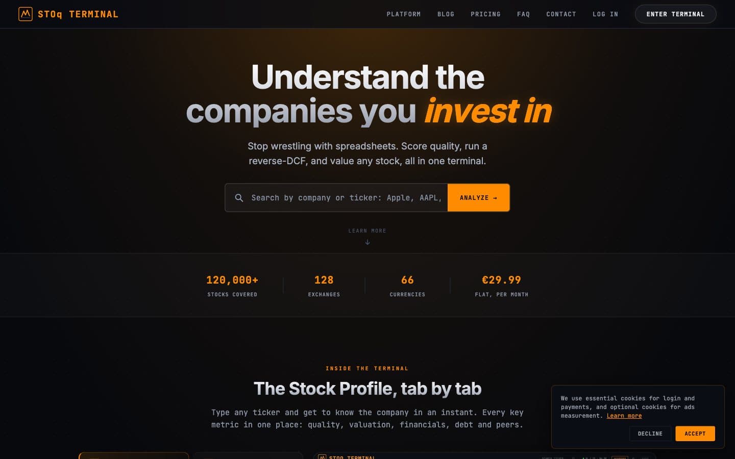 Desktop screen with the STOQ Terminal front page: the headline Understand the companies you invest in, a search bar and below it figures on the number of stocks, exchanges and currencies.