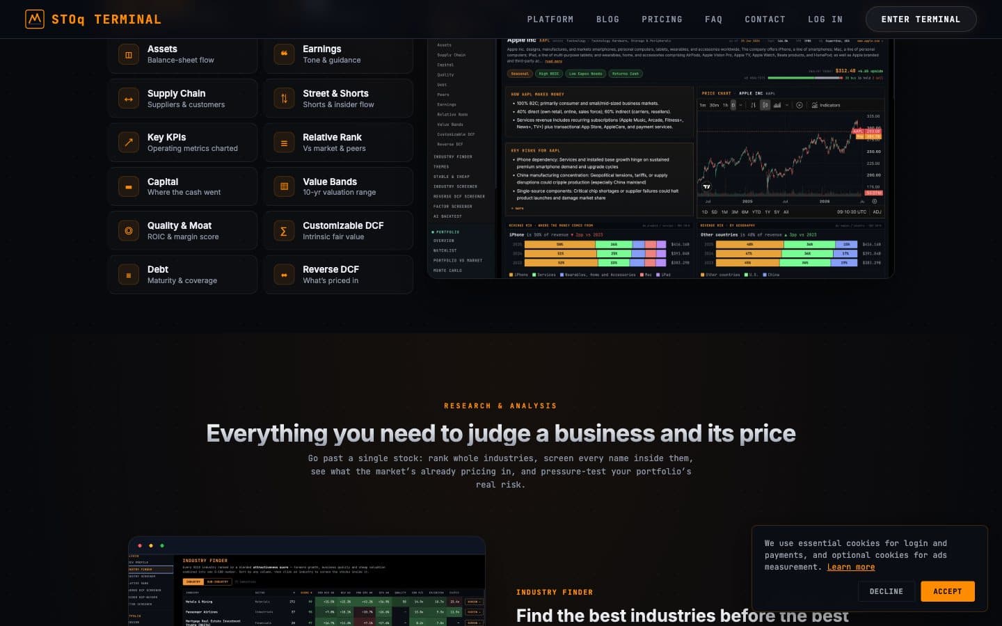 Desktop screen with a grid of the tabs in STOQ Terminal, such as Quality & Moat, Debt and Reverse DCF, next to part of the Apple profile with a price chart and revenue breakdown.