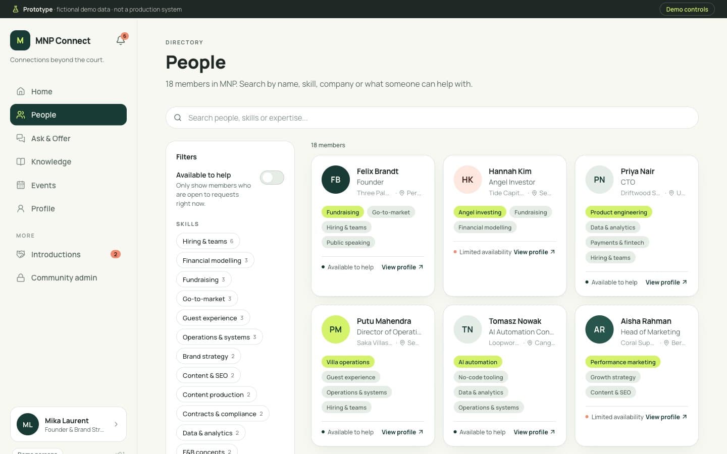Desktop screen with the MNP Connect member directory: skill filters on the left, cards of fictional members on the right.