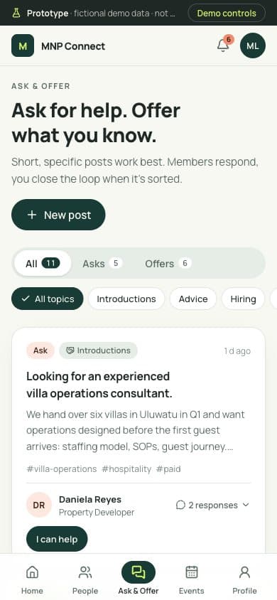 Phone screen showing Ask & Offer: a question from a fictional member looking for an experienced villa operations consultant, with an I can help button.