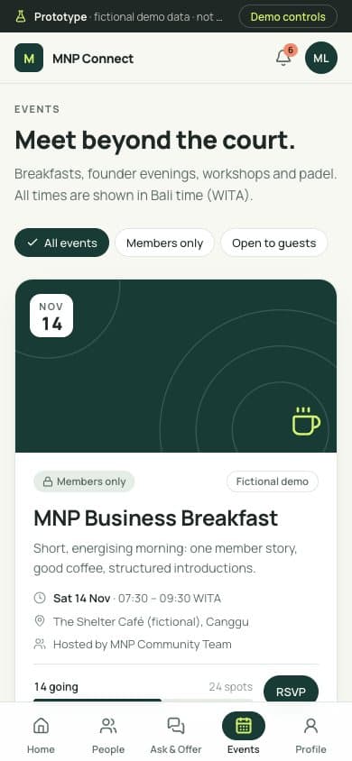 Phone screen showing events: a fictional business breakfast on 14 November, with an RSVP button.