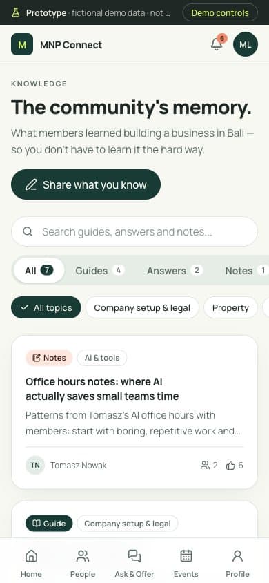 Phone screen of the knowledge section, The community's memory: a search bar and a first article with notes on where AI saves small teams time.