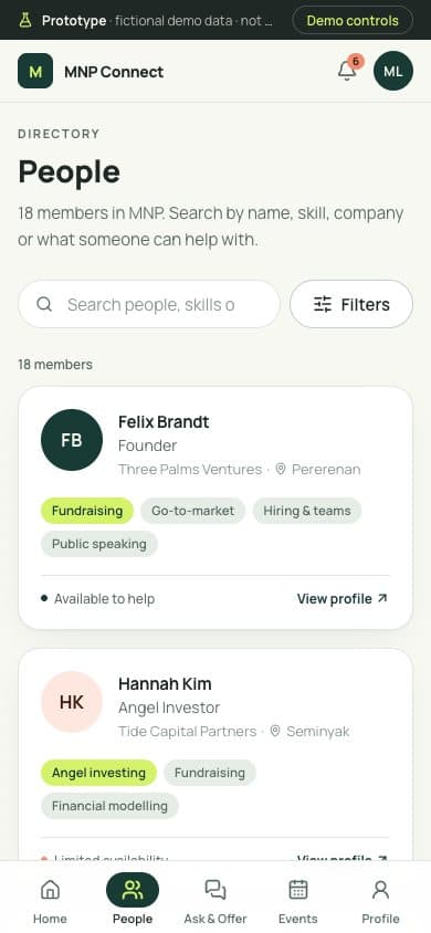 Phone screen with the member list: 18 fictional members with their job, location and skills such as Fundraising and Hiring & teams.