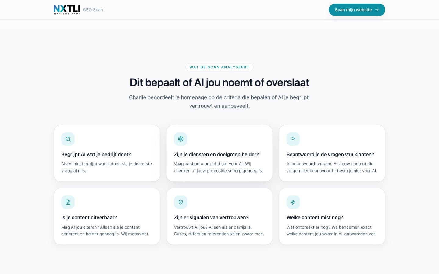 Desktop screen with the explanation This decides whether AI names you or skips you: six blocks, such as does AI understand what your business does, do you answer customers' questions and are there signs of trust.